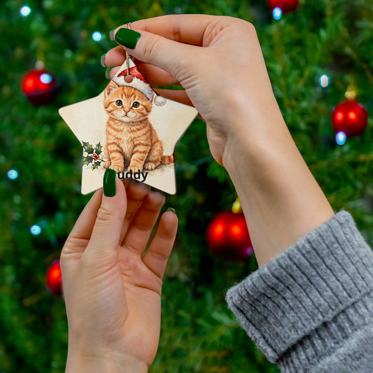 Personalised Cat's First Christmas Ornament — Kitten in Santa Hat